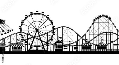 Black and white illustration depicting a vibrant amusement park skyline with rides high quality professional detailed