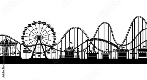 A silhouetted skyline depicting a vibrant amusement park with a ferris wheel and rollercoasters high quality