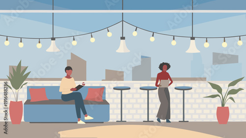 Trendy cafe interior at evening time with people relaxing on sofa and standing by bar tables