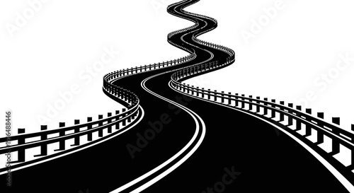 A winding black road with white guardrails stretches into the distance on a white background