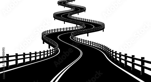 A winding black road with white markings ascends into a bright white sky high quality professional