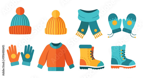 Colorful winter clothing and accessories including hats scarves gloves and boots are displayed high quality professional