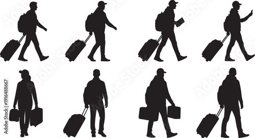 Silhouette of a man walking with luggage in various poses