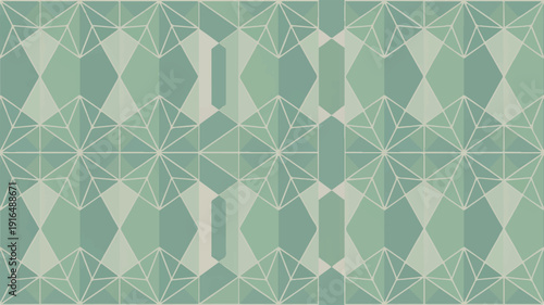 Geometric pattern with green and beige triangles and lines forming a symmetrical design