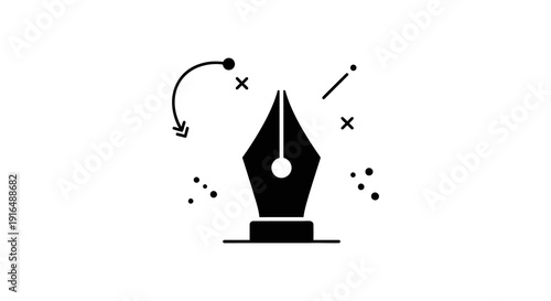 A black fountain pen illustration with accompanying ink droplets and a curved arrow symbol high quality