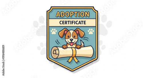 Cute brown dog holding adoption certificate pet adoption badge animal shelter emblem