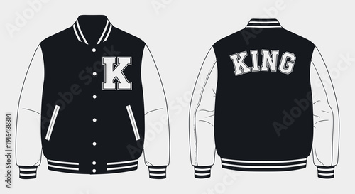 A black and white varsity jacket with k on the chest and king on the back