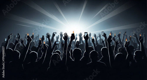 Silhouette of a crowd of people with raised hands and mobile phones enjoying a live music event with bright stage lights