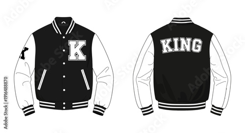 A black and white varsity jacket is displayed showcasing k and king lettering high quality professional