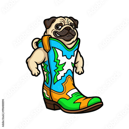 Colorful cartoon pug emerging from vibrant cowboy boot