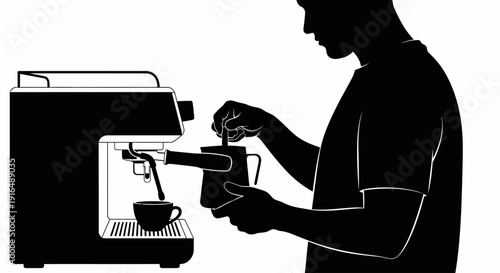 Barista Preparing Fresh Coffee with Espresso Machine, Café Beverage Service Concept, Professional Coffee Brewing Process, Modern Silhouette Vector Illustration
