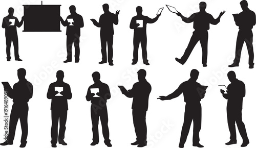 Silhouettes of businessmen in various poses and actions on white