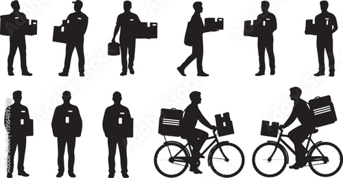 Delivery Man Silhouettes in Various Poses with Boxes and Bicycle