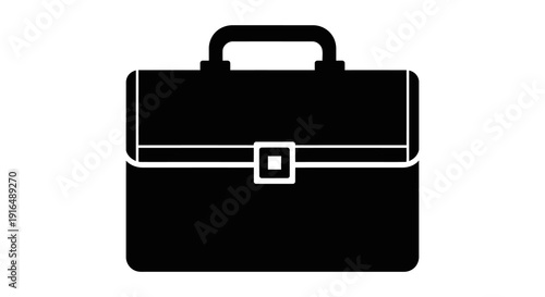 A simple black and white icon depicting a closed briefcase with a handle and latch