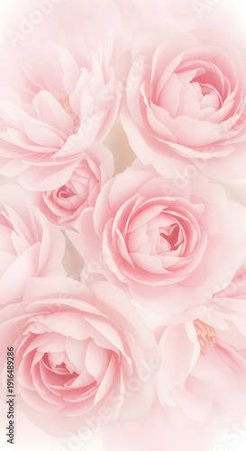 Soft focus pastel pink roses with delicate petals and subtle light bloom, creating a gentle floral background or romantic wedding invitation design.