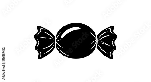 A simple black and white illustration of a wrapped hard candy with twisted ends high quality