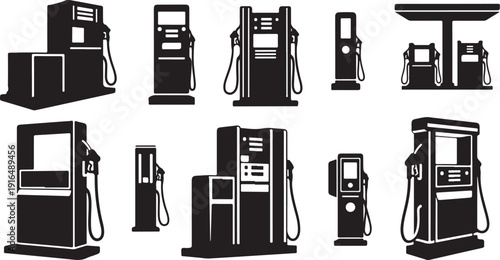 Gas Pump Icons Set in Black and White Color Scheme
