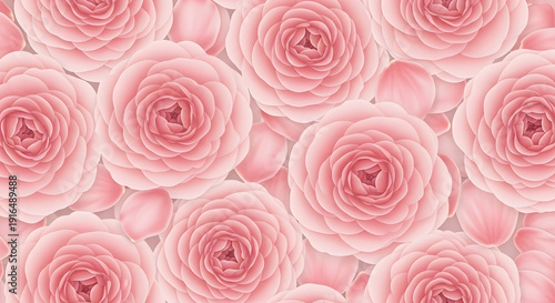 Seamless pattern of soft pink camellia flowers and scattered petals creating a delicate floral background for branding or social media.