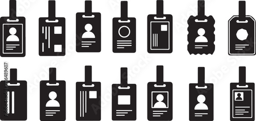 Collection of various ID badge icons in black and white