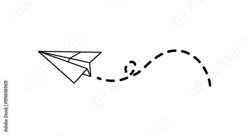 A simple black and white illustration of a paper airplane in flight leaving a dashed trail