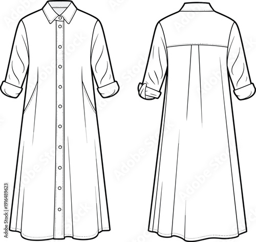 Front and back view of long sleeve button down shirt dress technical fashion illustration, flat sketch template for apparel design, sewing pattern and garment production.