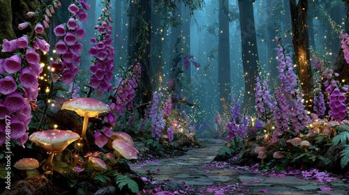 Enchanting forest path with glowing mushrooms and flowering plants