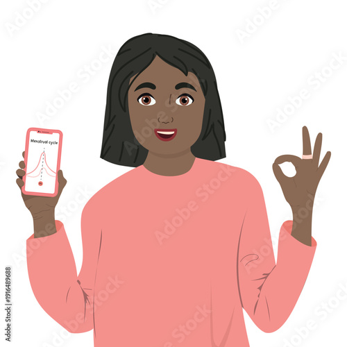 Woman with smart ring on hand tracks menstrual cycle using phone. Modern wearable technology device ifor self care