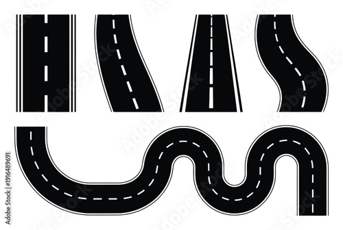 Collection of stylized road segments with dashed white lines
