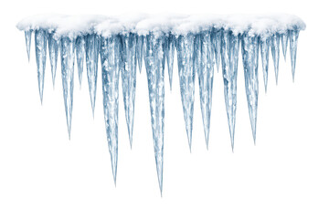 Icicles hanging from a snow patch, showing freezing cold winter weather and crystal ice structures