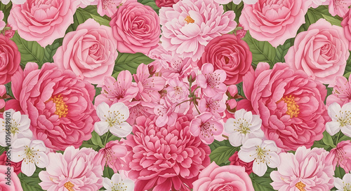 Seamless floral pattern featuring various shades of pink roses, peonies, and delicate white blossoms with vibrant green leaves, ideal for textile design or digital backgrounds.
