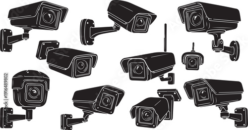 Collection of various security cameras on white background illustration