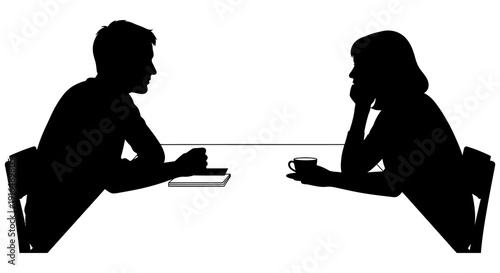 A silhouetted couple sits across from each other at a table engaged in conversation high quality