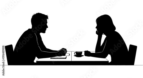 A silhouetted couple is seated at a table seemingly engaged in conversation over coffee high quality