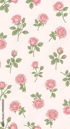 Delicate pink rose blooms and buds with green leaves form a seamless floral pattern on a subtle cream textured background, ideal for textile design or digital wallpaper.