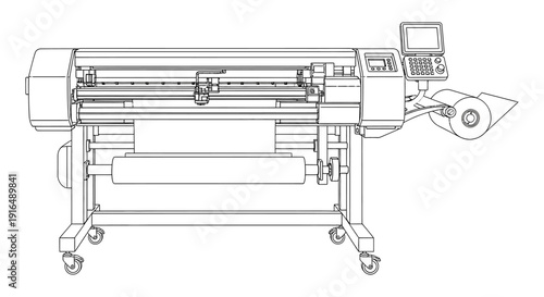 Line drawing of a large format inkjet printer with a roll of media on the right side