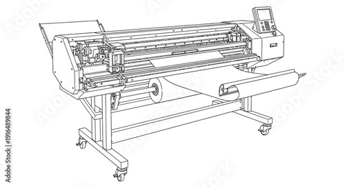A detailed line drawing of a large format plotter printer with paper rolls and controls high quality