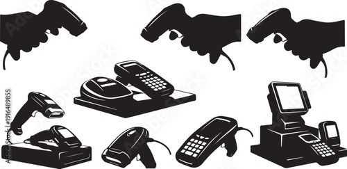 Black and white illustration of telephones and handguns pointing