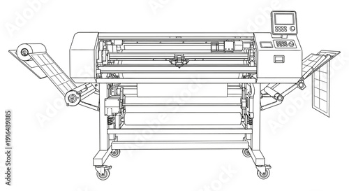 Detailed line drawing of a large format plotter printer with roll paper feed and output high quality