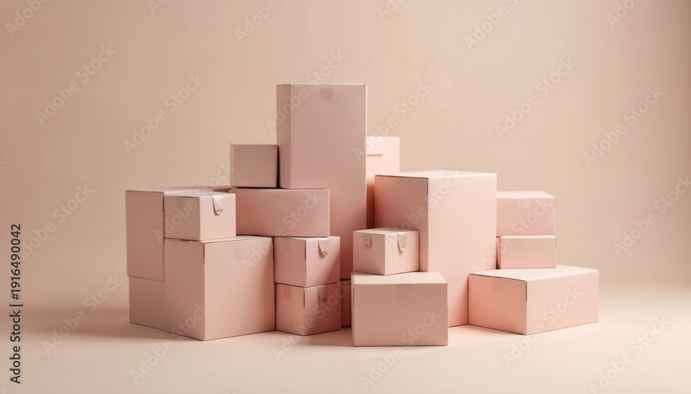 Obraz premium Assorted pale pink cardboard boxes in various sizes form creative pile. These containers vary in shape and dimension, suitable for shipping or gifting needs. Arrangement is aesthetically pleasing.