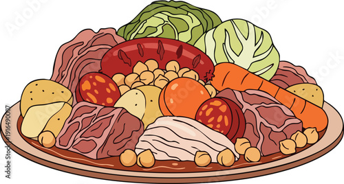 Traditional Spanish Cocido Madrileo Stew with Meats and Vegetables.