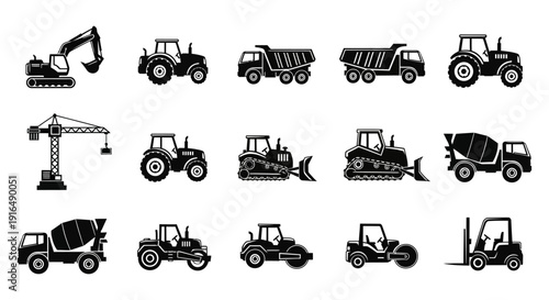 Black silhouette icons depict various construction vehicles and machinery including tractors and dump trucks high quality