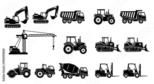 Black silhouette icons depicting various construction vehicles and heavy machinery on a white background high quality
