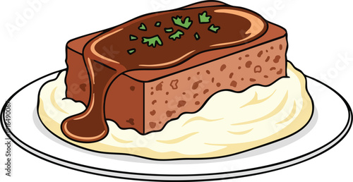 Delicious Meatloaf with Gravy and Mashed Potatoes on a Plate.