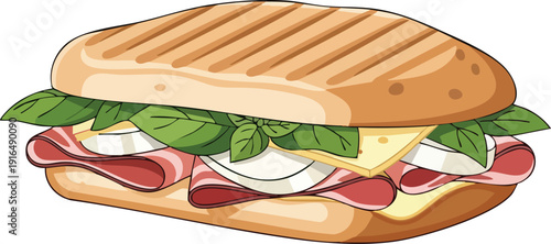 Delicious Panini Sandwich with Ham Cheese and Basil Leaves.