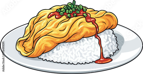 Delicious Omelet Rice with Sauce on a White Plate.