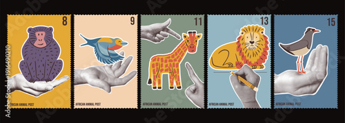 A set of cute vintage stamps with with halftone hands and cute cartoon African animals and birds. Vector animal print elements.