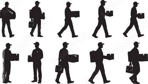 Silhouettes of businessmen walking with briefcases and boxes in various poses