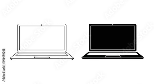 Two laptop computer illustrations one with a white screen and one with a black screen