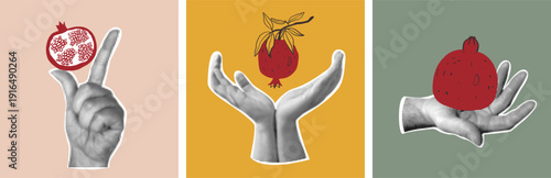 Halftone hands holding ripe pomegranate fruit with seeds and leaves on colorful backgrounds. Retro collage style vector illustration.