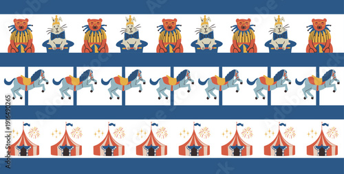 Set of seamless vector circus and carnival border patterns featuring vintage carousel horses, magician rabbits in top hats, clown bears, and big top tents with fireworks. Decorative carnival elements